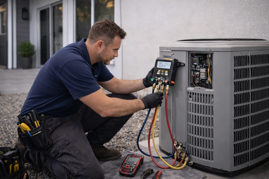 Professional air conditioning repair technician servicing outdoor AC condenser unit