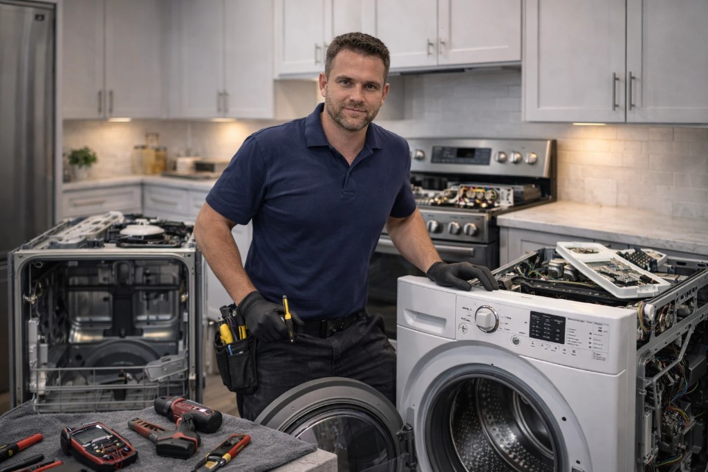 Professional appliance repair technician servicing multiple home appliances in modern kitchen